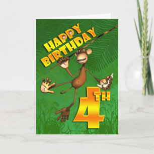 Cartão Feliz 4.º Aniversário, Macaco Banana
