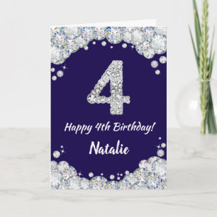 Cartão Feliz 4.º Aniversário Marinho Azul e Silver Glitte
