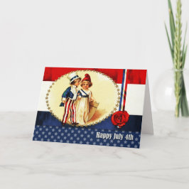 Cartão Feliz 4 de julho. Crianças Patriotas Vintage
