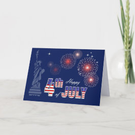 Cartão Feliz 4 de julho. Estátua da Liberdade e Fogos de