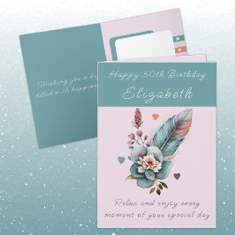 Cartão Feliz 50º aniversário adicione nome verde floral