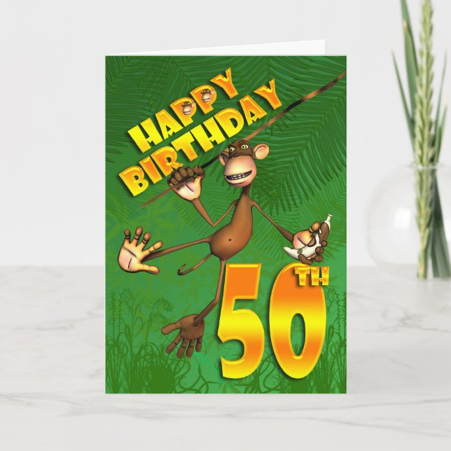 Cartão Feliz 50º macaco de aniversário balançando através (Frente)