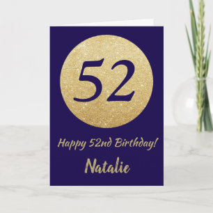 Cartão Feliz 52º Aniversário Marinho Azul e Dourado