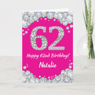 Cartão Feliz 62º Aniversário Brilho Rosa e Prata