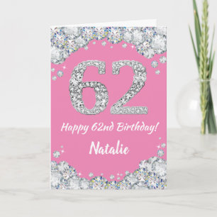 Cartão Feliz 62º Aniversário, Rosa e Silver Glitter Card