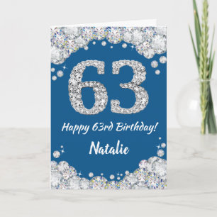 Cartão Feliz 63º Aniversário, Azul e Silver Glitter Card