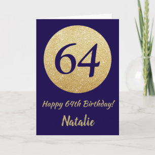 Cartão Feliz 64.º aniversário Marinho azul e Dourado bril