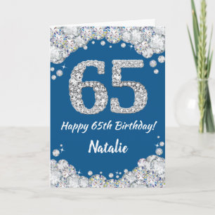Cartão Feliz 65º aniversário, Azul e Silver Glitter Card