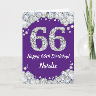 Cartão Feliz 66.º aniversário, Roxo e Placa Leve Prateada