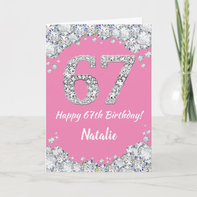 Cartão Feliz 67º aniversário, rosa e prata (Frente)