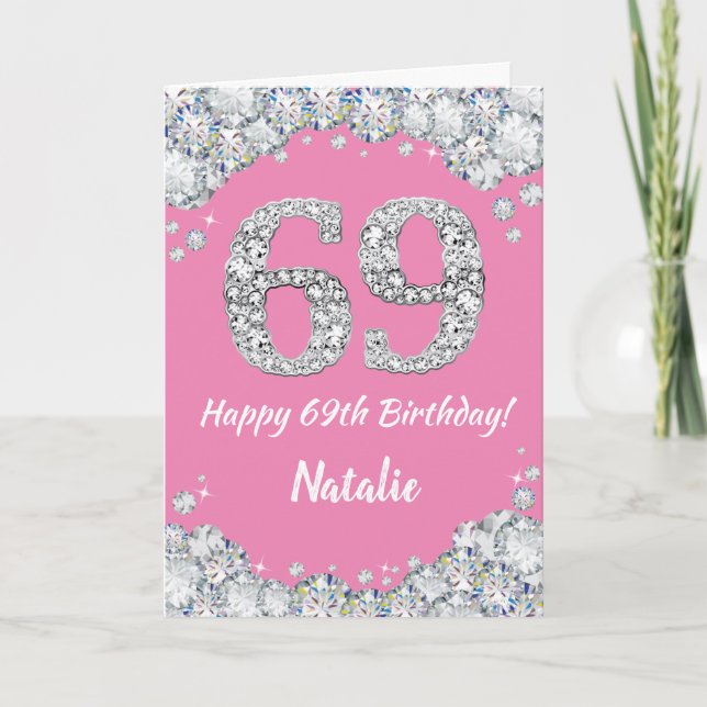 Cartão Feliz 69º aniversário, rosa e prata (Frente)