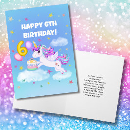Cartão Feliz 6 Birthday Unicorn com Bolo de Aniversário