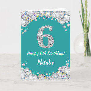 Cartão Feliz 6 de Aniversário, Teal e Placa Luminosa de P