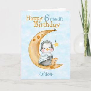 Cartão Feliz 6 Meses Pinguim de Aniversário e Azul Lua