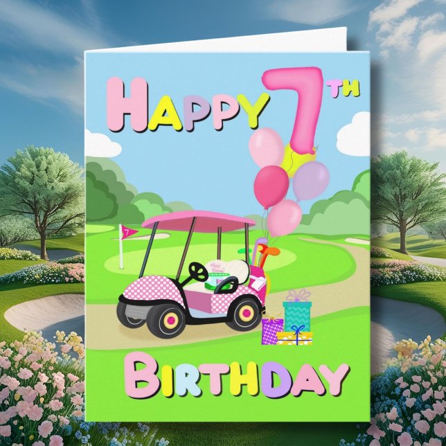 Cartão Feliz 7º Aniversário Carta de Golfe Rosa com Bolin (Criador carregado)
