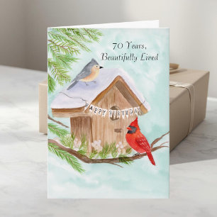 Cartão Feliz 70º Aniversário Pássaros na Casa de Pássaros