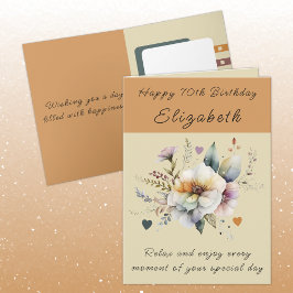 Cartão Feliz 70 Birthday adicione nome laranja floral