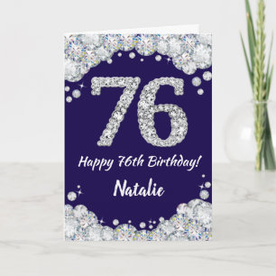 Cartão Feliz 76º aniversário Marinho Azul e Silver Glitte