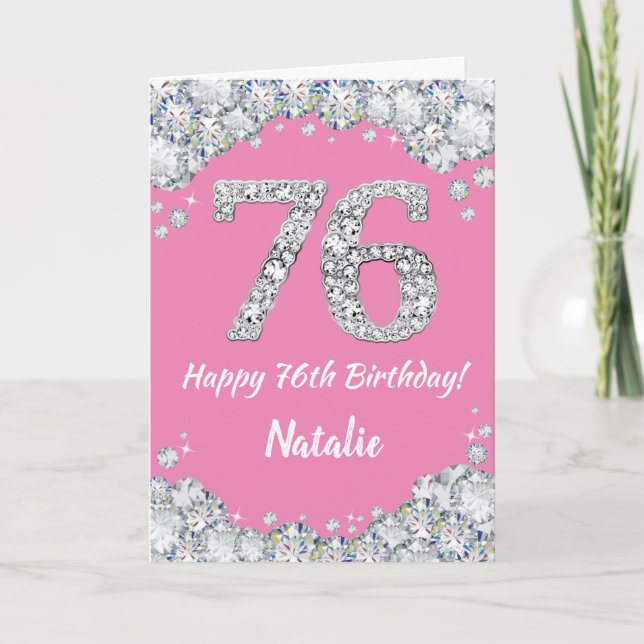 Cartão Feliz 76º aniversário, rosa e prata (Frente)