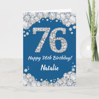 Cartão Feliz 76.º Aniversário, Azul e Silver Glitter Card