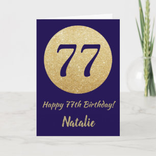 Cartão Feliz 77.º aniversário Marinho azul e Dourado bril