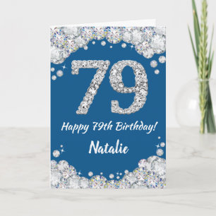 Cartão Feliz 79º aniversário, Azul e Silver Glitter Card