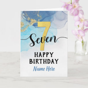 Cartão Feliz 7 Aniversário Aquarela Azul e Ouro