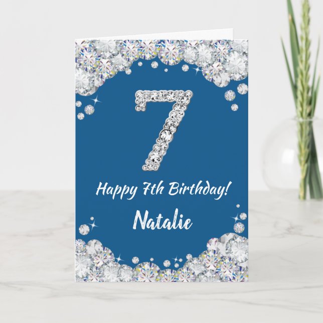 Cartão Feliz 7 Birthday Blue e Silver Glitcard (Frente)