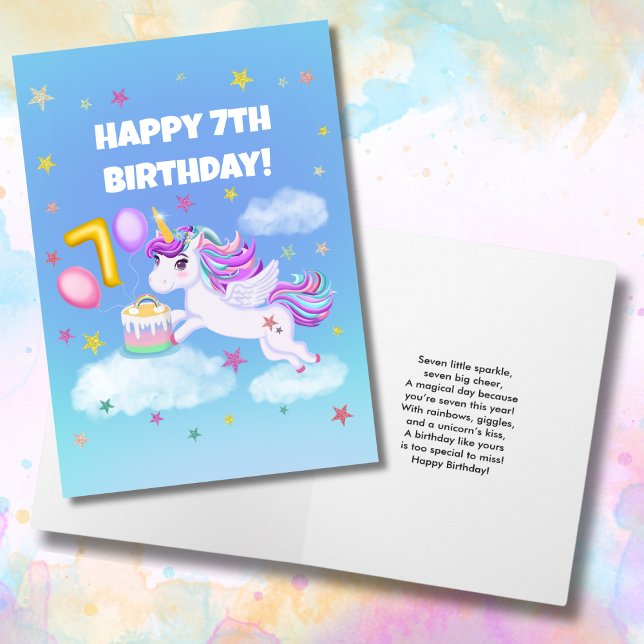 Cartão Feliz 7 Birthday Unicorn com Bolo de Aniversário (Criador carregado)
