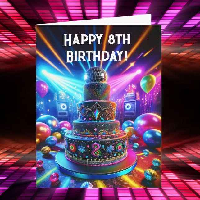 Cartão Feliz 8º Aniversário Bolo de Disco (This great 8th birthday card is a wonderful disco card for.)