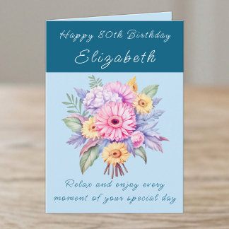 Cartão Feliz 80º Aniversário adicionar nome floral azul