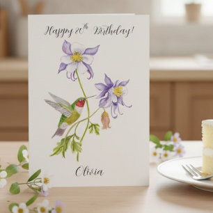 Cartão Feliz 80º Aniversário Columbine com Beija-flor