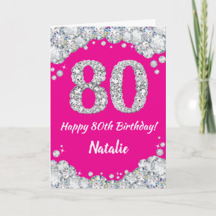 Cartão Feliz 80 de aniversário, rosa quente e brilho prat