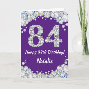 Cartão Feliz 84.º Aniversário, Roxo e Placa Luminosa Prat