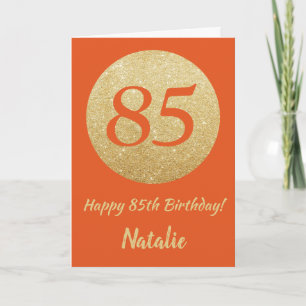 Cartão Feliz 85.º aniversário Laranja e Dourada Carta Lev