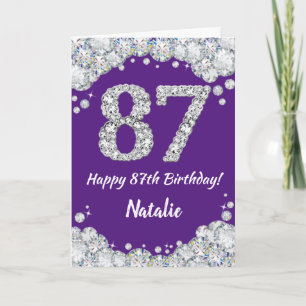 Cartão Feliz 87.º Aniversário, Roxo e Placa Luminosa Prat