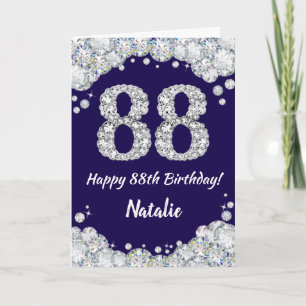 Cartão Feliz 88º aniversário Marinho Azul e Silver Glitte