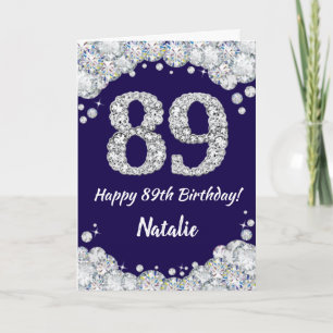 Cartão Feliz 89º aniversário Marinho Azul e Silver Glitte