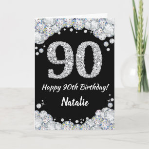 Cartão Feliz 90 Aniversário Negro e Silver Gliter Card