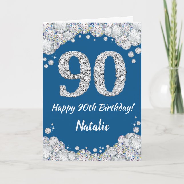 Cartão Feliz 90 Birthday Blue e Silver Glitcard (Frente)