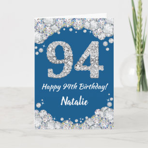 Cartão Feliz 94.º Aniversário, Azul e Silver Glitter Card