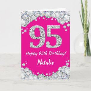 Cartão Feliz 95º aniversário, rosa quente e brilho pratea