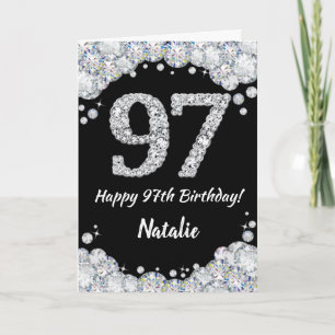 Cartão Feliz 97.º aniversário, Black and Silver Glitter C
