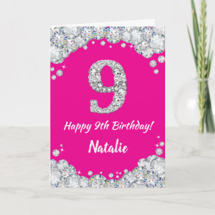Cartão Feliz 9.º Aniversário Rosa Quente e Silver Glitt