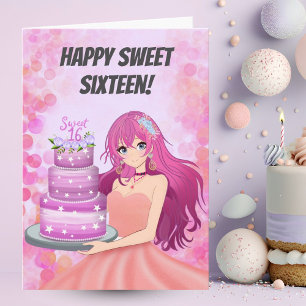 Cartão Feliz Anime Garota De Sweet Sixteen Com Bolo