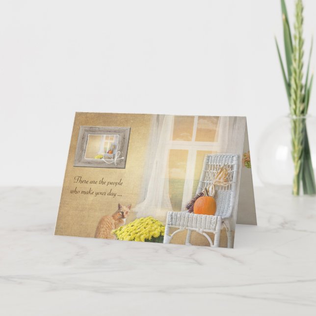 Cartão Feliz aniversariante com abóbora e janela no outon (Frente)