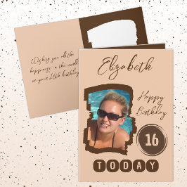 Cartão Feliz aniversário 16 hoje adicione foto marrom