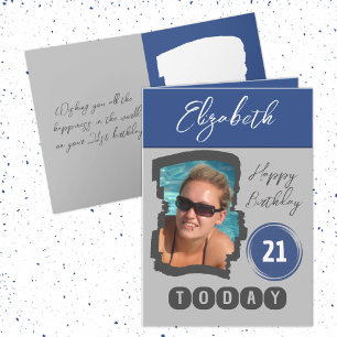 Cartão Feliz aniversário 21 hoje adicione cinza azul