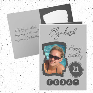 Cartão Feliz aniversário 21 hoje adicione cinza fotográfi