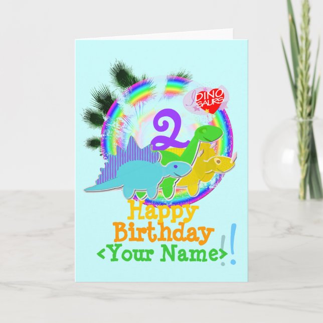Cartão Feliz Aniversário 2 Anos, Seu Nome Dinos Card (Frente)